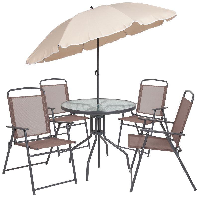 Flash Furniture Nantucket 6 Piece Patio Garden Set with Table, Umbrella and 4 Folding Chairs