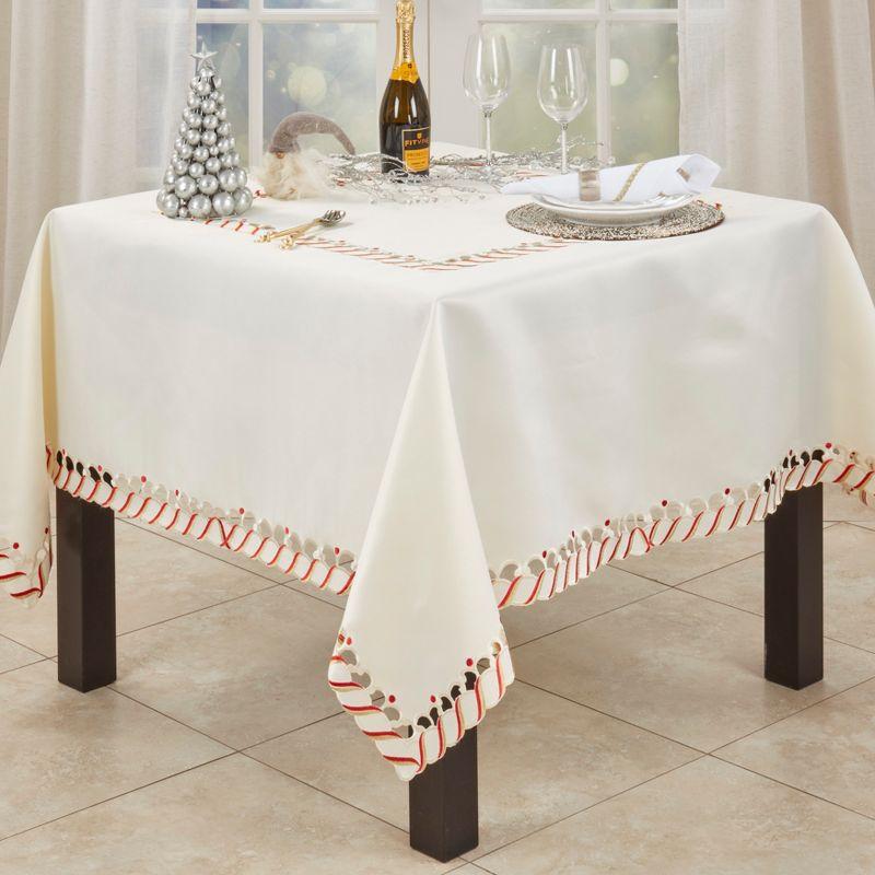 Ivory Candy Cane Border Christmas Fabric Tablecloth, 72"