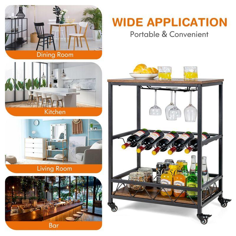 Rustic Brown and Black Rolling Bar Cart with Wine Rack