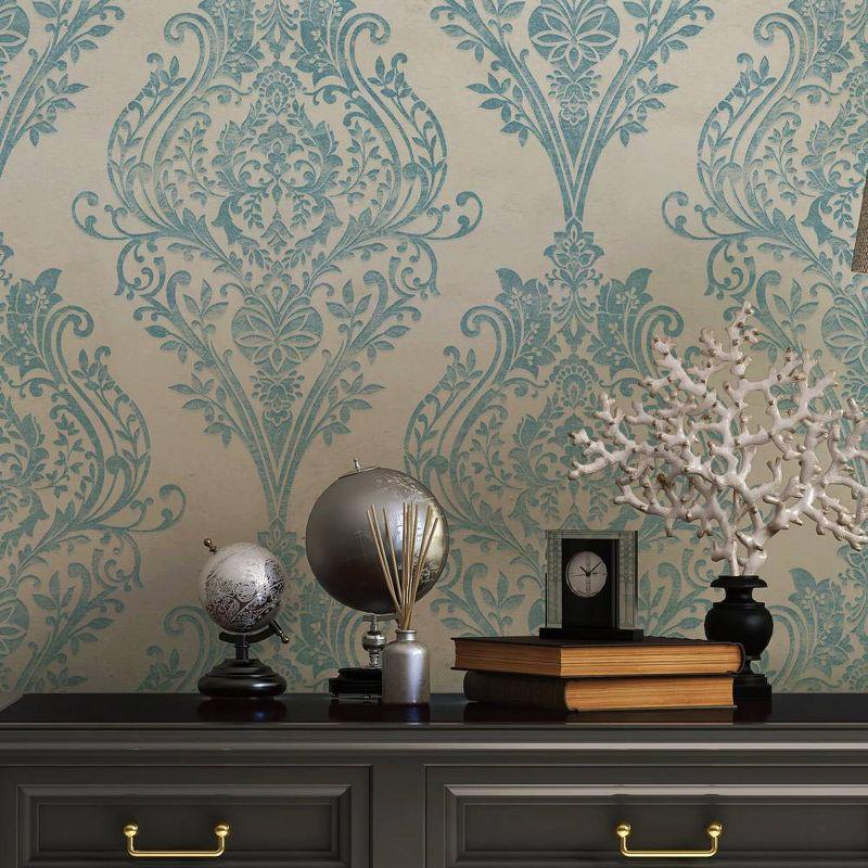 Coastal Blue Damask Non-Pasted Repositionable Wallpaper