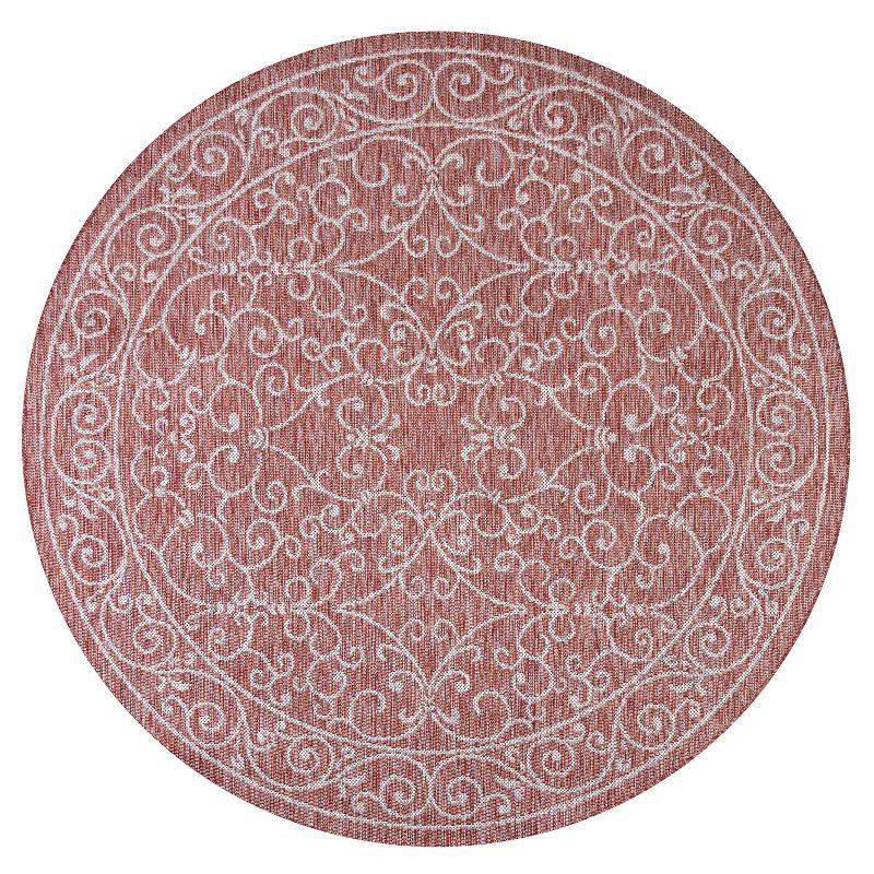 5' Round Charleston Vintage Filigree Textured Weave Indoor/Outdoor Area Rug, Red/Beige - JONATHAN Y