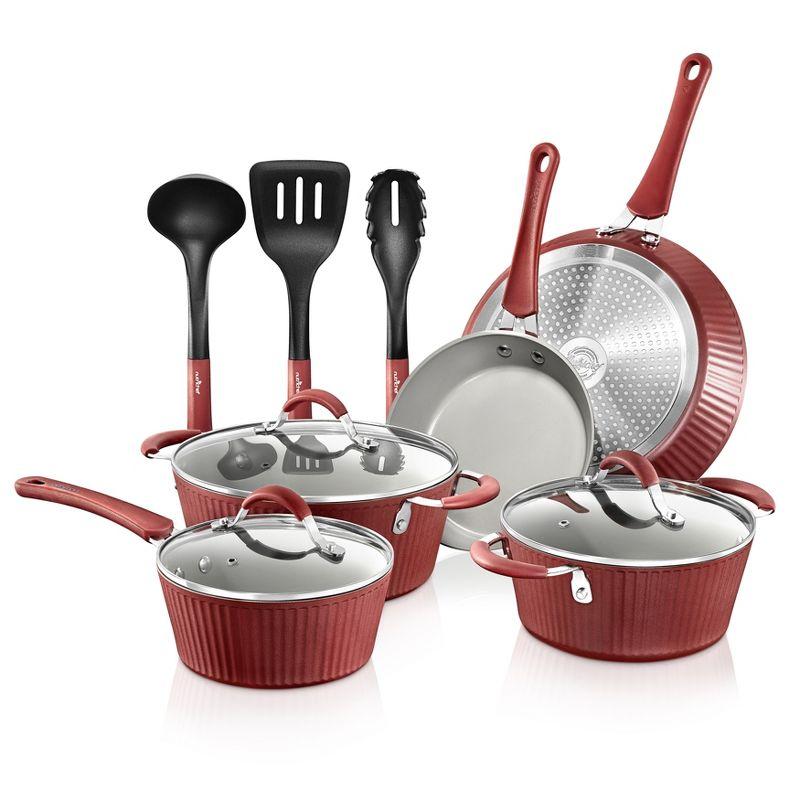 NutriChef 11-Piece Red and Gray Non-Stick Aluminum Cookware Set