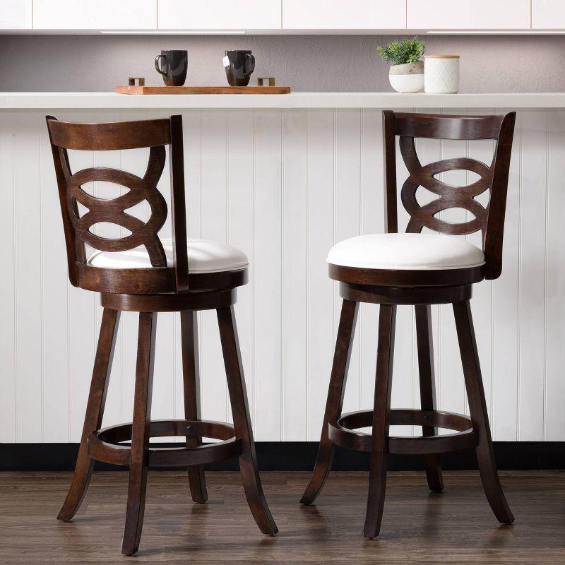 Elegant Swivel Barstool Set in White Leather and Espresso Wood