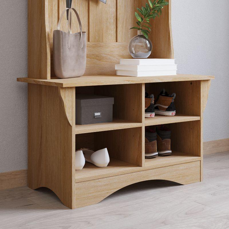 Merrick Lane Hallway Tree with Bench Seating, 3 Single Coat Hooks and Lower Storage with Adjustable Shelves in Weathered Wood