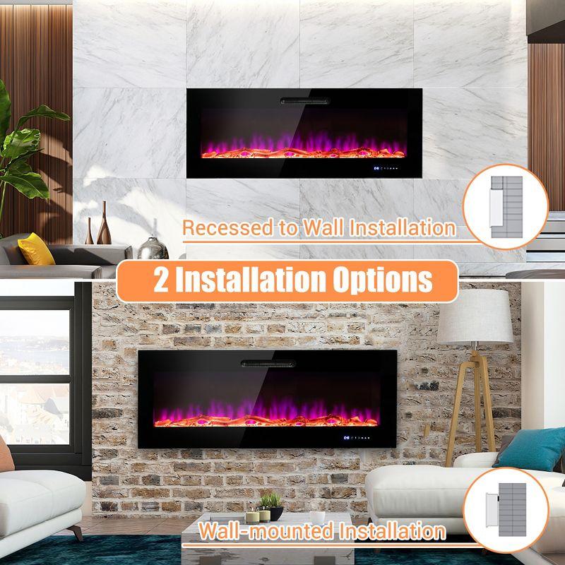 Costway 50'' Electric Fireplace Recessed Wall Mounted Heater W/ Decorative Crystal & Log