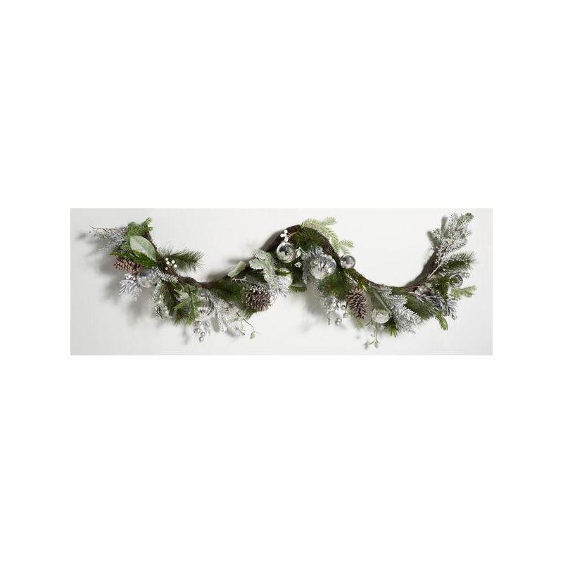 Faux 28" Snowy Pine Led Garland W/ Ornaments - Silver/Green - Safavieh