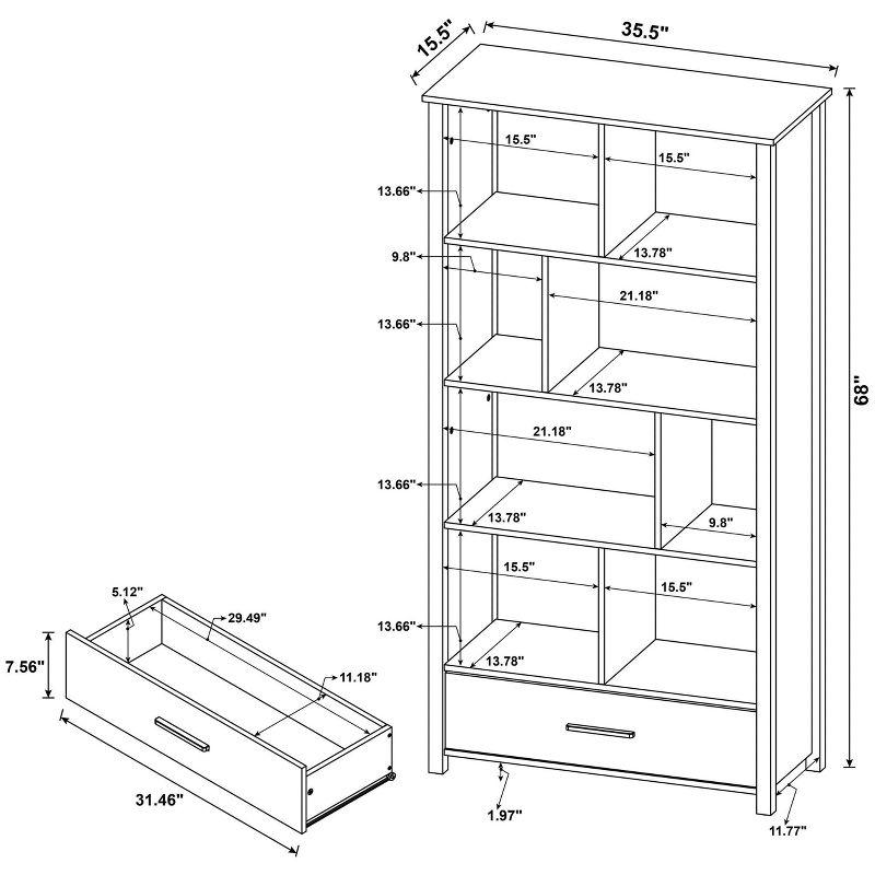 68" Dylan 8 Shelf Bookcase with Storage Drawer Weathered Gray - Coaster: Modern Home Office Furniture