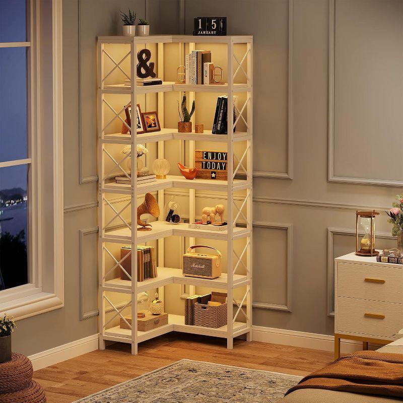 White 7-Tier Adjustable Corner Bookshelf with Metal Frame