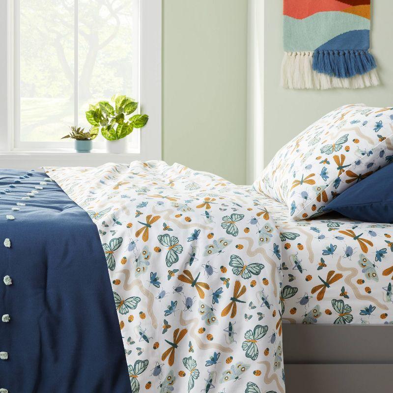 Full Blue Insect Print Cotton Percale Kids' Sheet Set