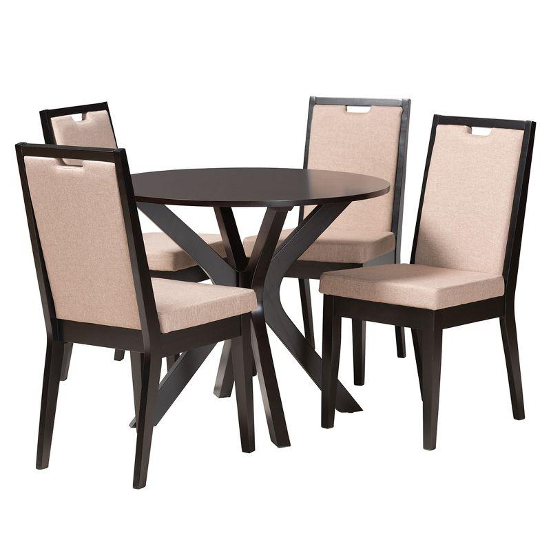 Sand Fabric and Dark Brown Wood 5-Piece Round Dining Set