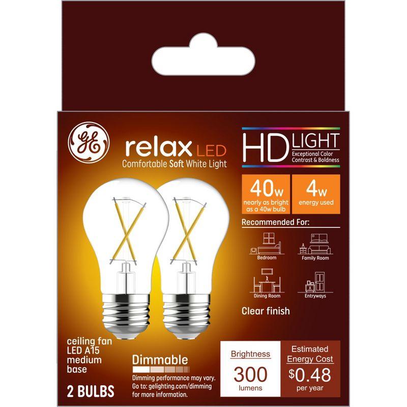 GE 2pk 40W Relax A15 LED Ceiling Fan Light Bulbs Soft White Clear: Warm Dimmable, 13.7-Year Life, E26 Base