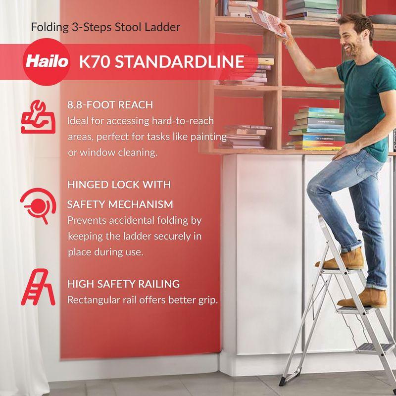Hailo USA Inc. Hailo Folding Step Stool, Non-Slip 3 Step Ladder for Home & Kitchen, K70, Silver