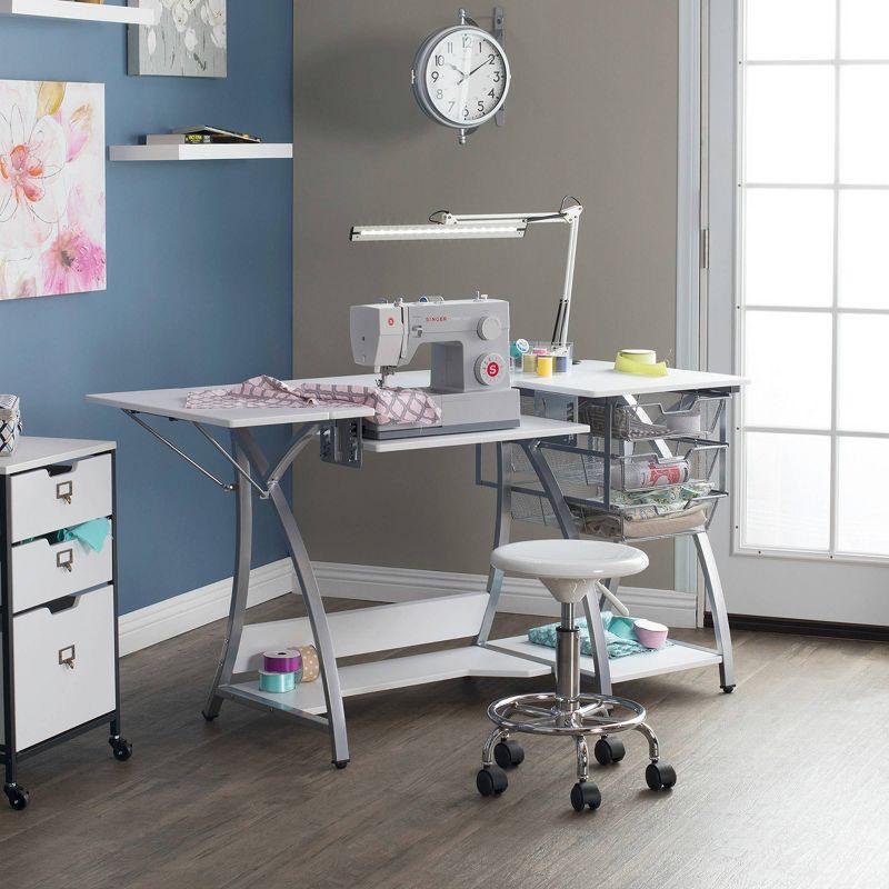 Silver and White Foldable Sewing Table with Mesh Drawers