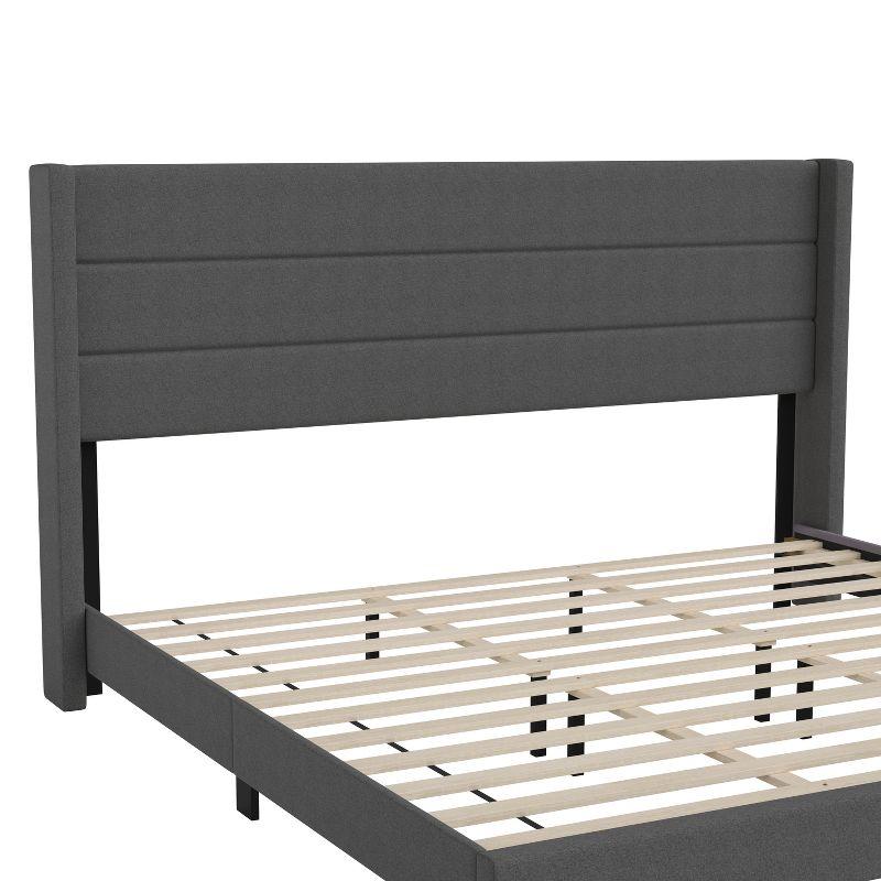 Merrick Lane Modern King Platform Bed with Padded Channel Stitched Charcoal Faux Linen Upholstered Wingback Headboard and 6" Underbed Clearance