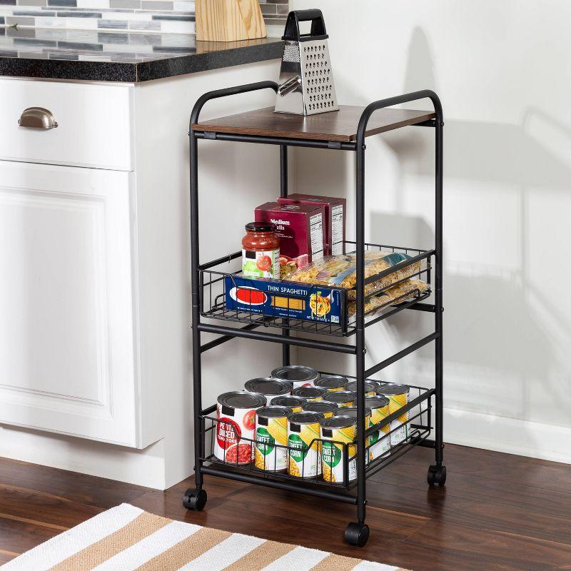 Black 3-Tier Rolling Kitchen Cart with Wood Top and Storage