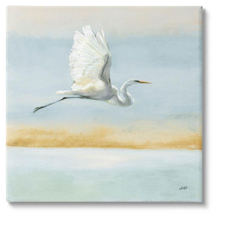 Egret Bird Flying Over Ocean Canvas Wall Art, 17 x 17