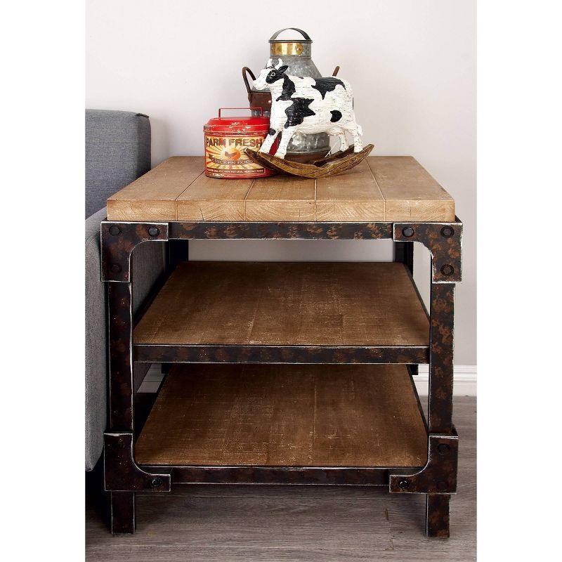 Olivia & May Industrial 3 Tier Side Table Brown: Sturdy Wood Frame, Fixed Shelves, Square Shape