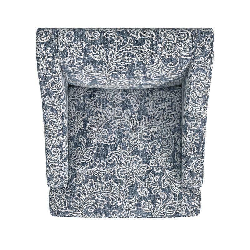 Blue Denim Jacobean Print Swoop Arm Accent Chair with Wood Legs