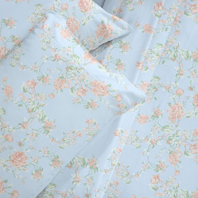 400 Thread Count 100% Cotton Printed Antique Rose Light Blue 4 Piece Sheet Set - Full - California Design Den