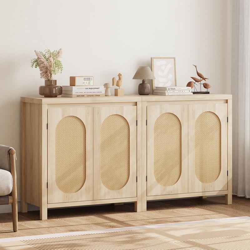 Rattan Storage Cabinet, Wooden Sideboard Buffet Cabinet with Doors and Shelves, Small Console Cabinet with Storage
