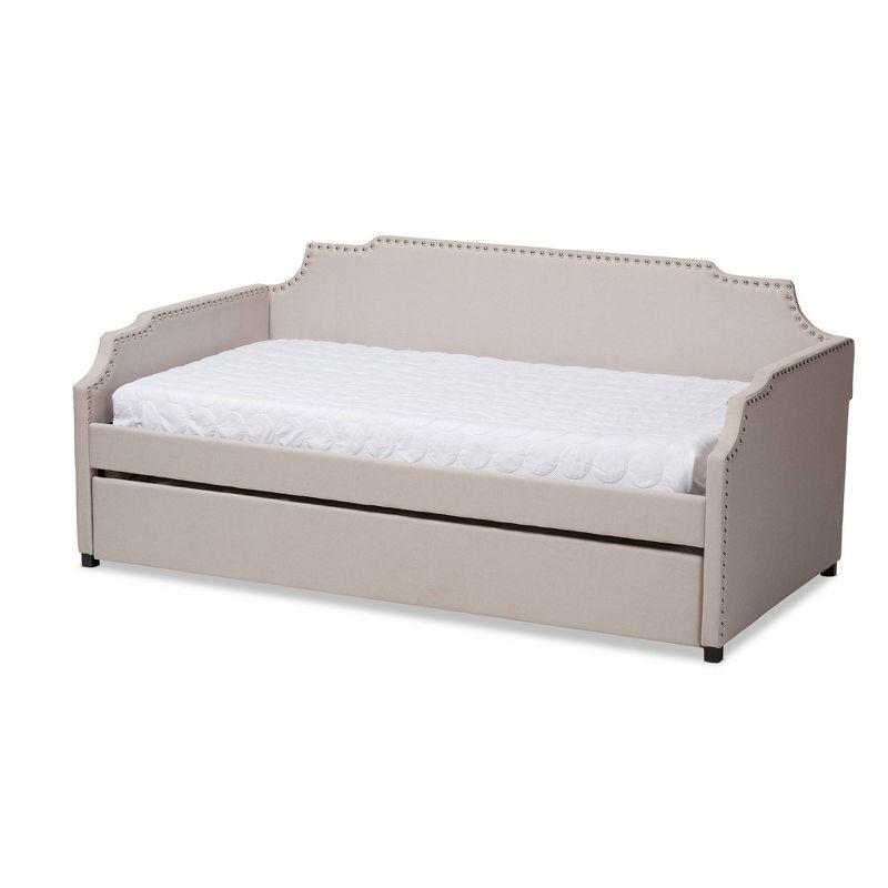 Beige Twin Upholstered Daybed with Nailhead Trim and Trundle