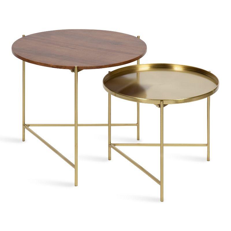 Walnut and Gold Round Mango Wood Metal Nesting Tables