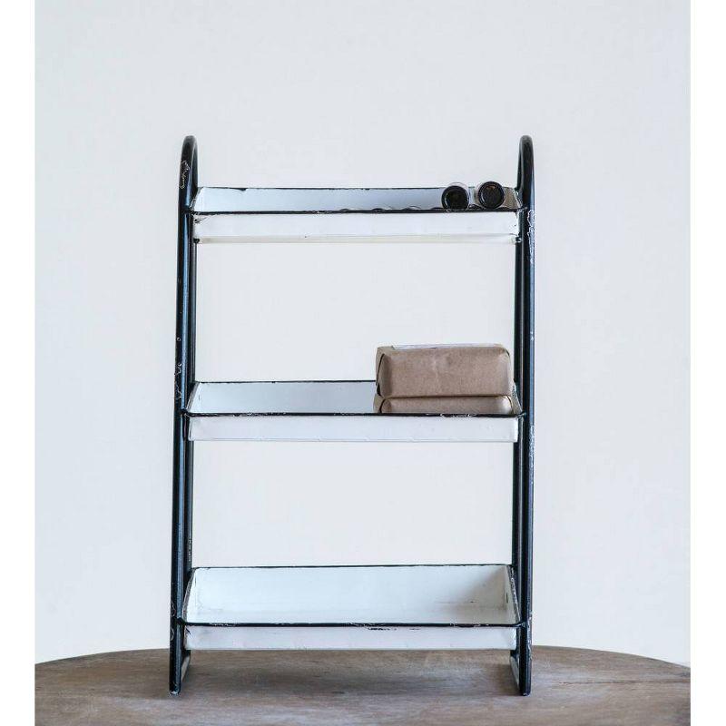 Storied Home 3-Tier Metal Tray with Black Frame and Rim Heavily Distressed White: Fixed Shelves, No Assembly Required