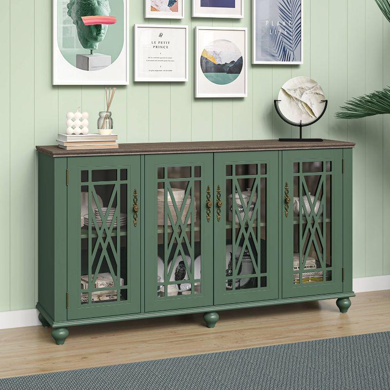 Green Vintage Style Wood Buffet Sideboard Cabinet with Glass Doors