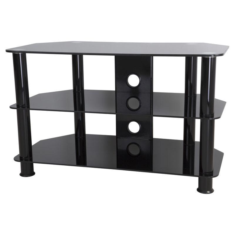 Sleek Black Stainless Steel and Tempered Glass Corner TV Stand