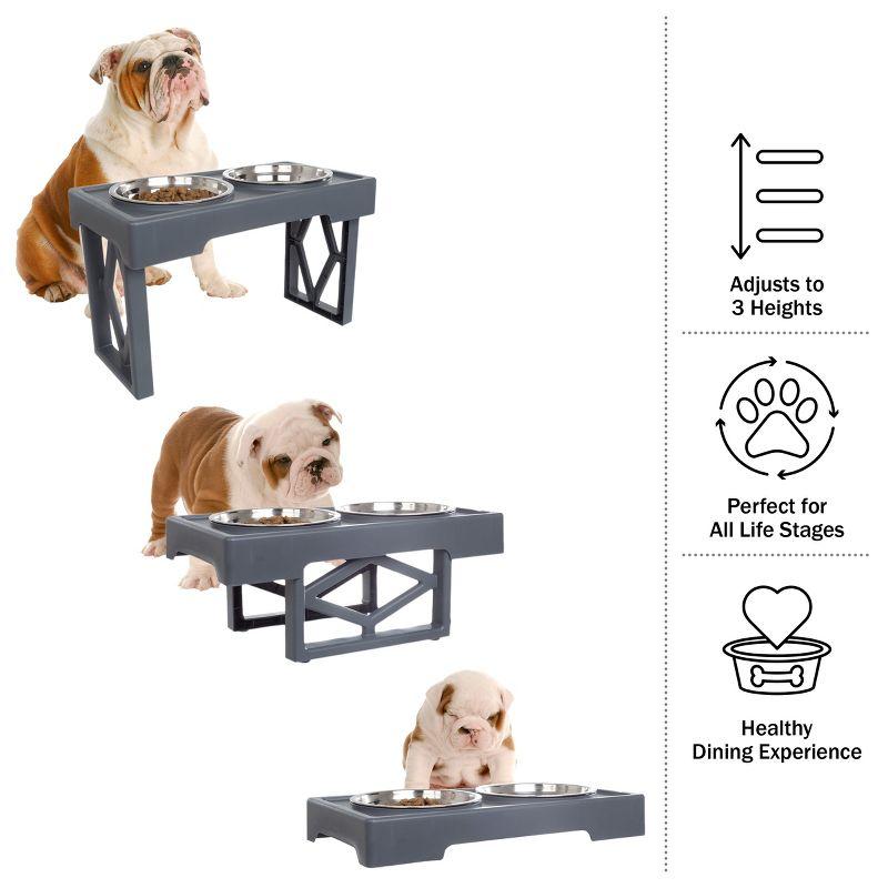 Adjustable Gray Elevated Dog Bowls Stand with Stainless Steel Bowls