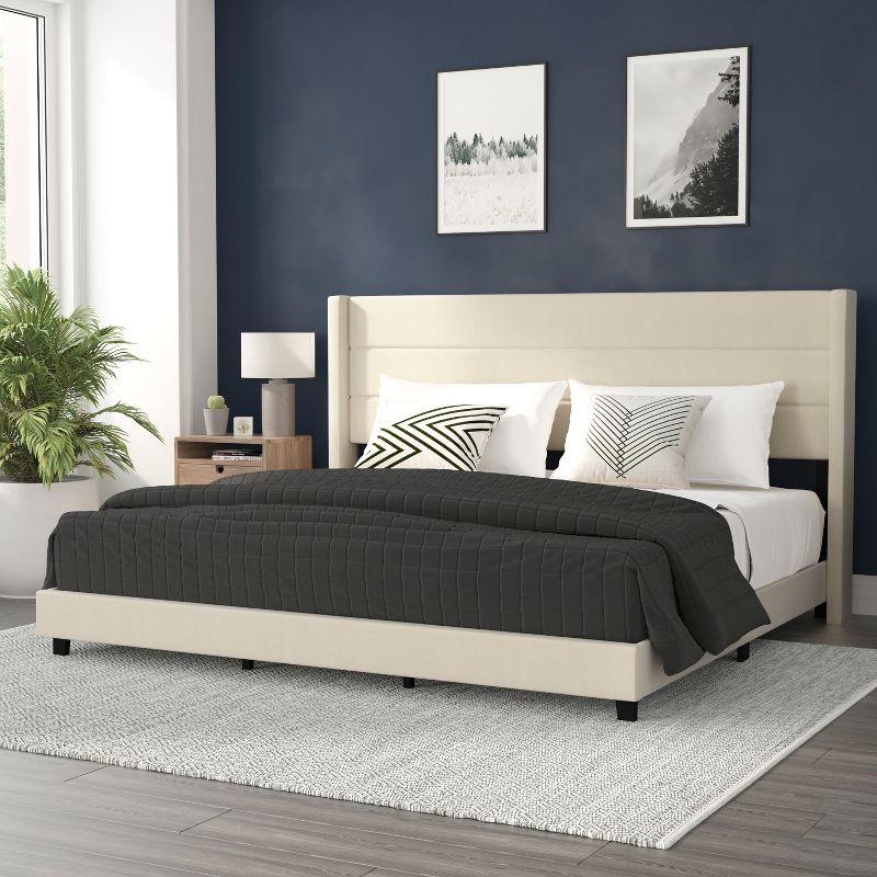 Flash Furniture King Size Upholstered Platform Bed with Wingback Headboard-Beige Faux Linen
