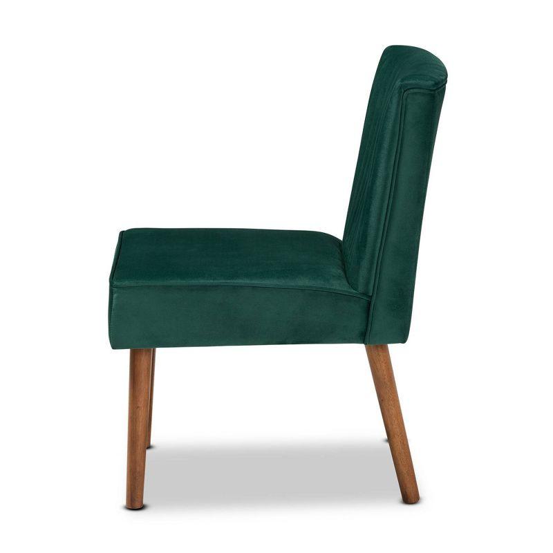 Alvis Velvet Upholstered and Wood Dining Chair Emerald Green/Walnut - Baxton Studio: Channel Tufted, Angled Legs