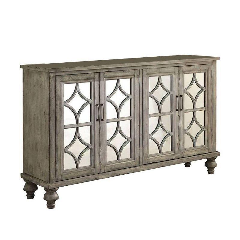 Velika Weathered Gray Wooden Console Table with Mirrored Doors