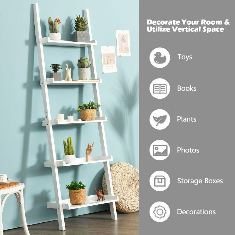 Costway Versatile White 5-Tier Bookshelf Leaning Wall Shelf Ladder  Bookcase White