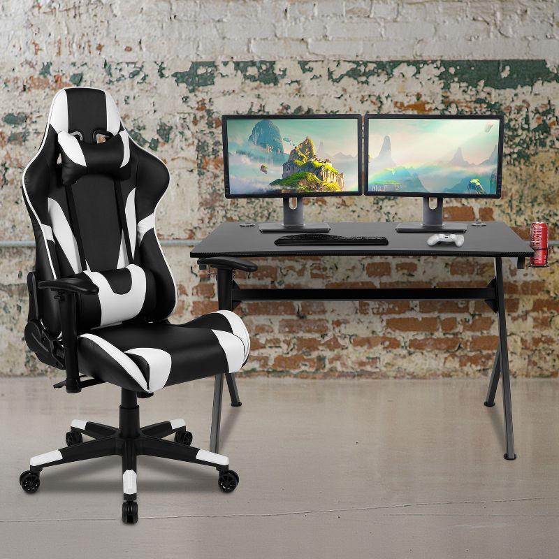 Black Carbon Fiber Gaming Desk and Reclining Chair Set with Cup Holder