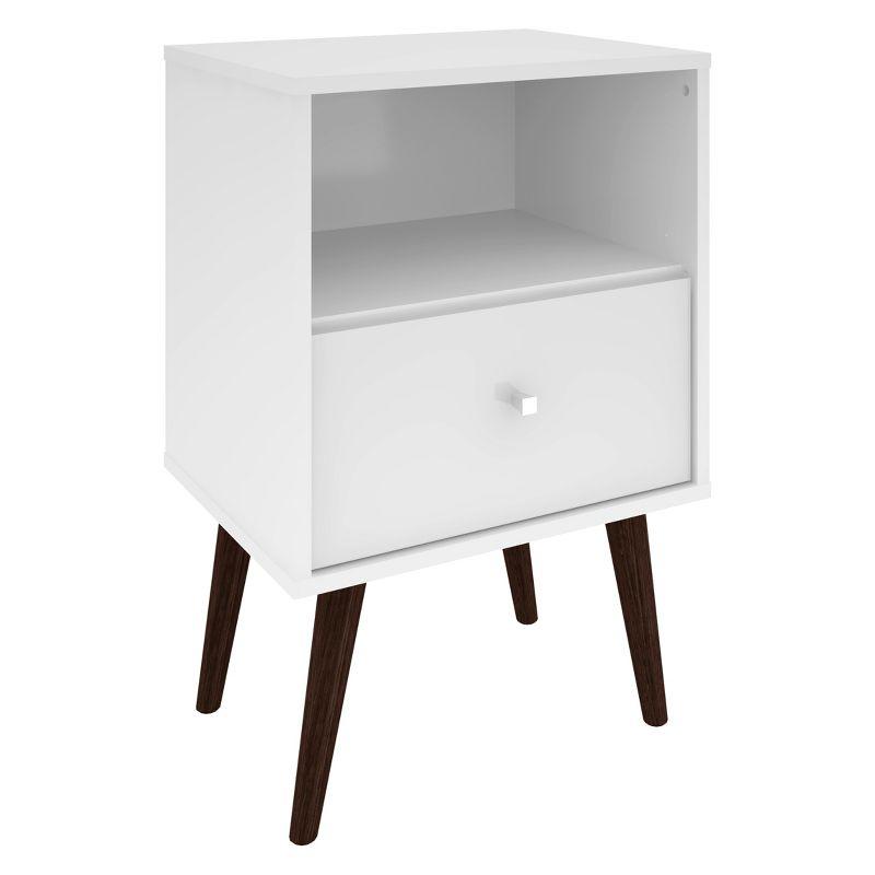 White Mid Century Modern Nightstand with Drawer and Open Shelf