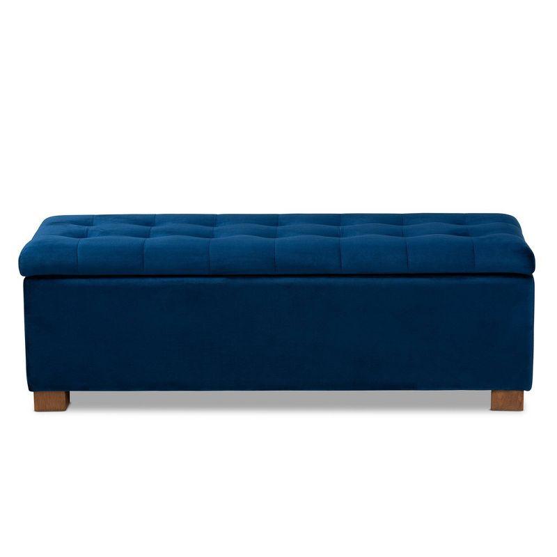 Navy Blue Velvet Tufted Storage Bench with Walnut Legs