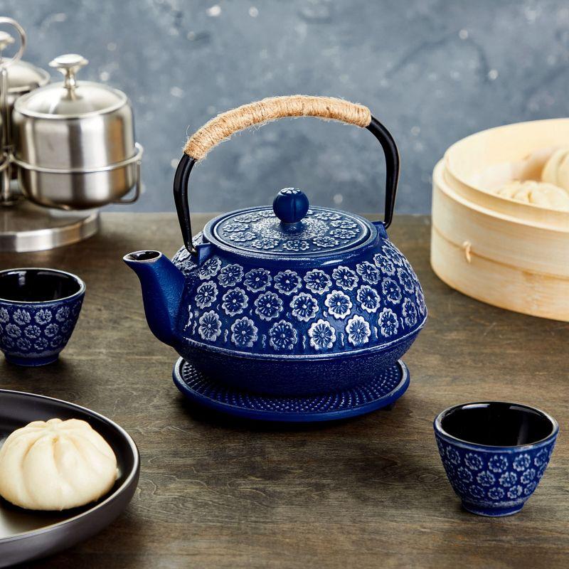 Blue Floral Cast Iron Japanese Teapot Set with Infuser and Cups