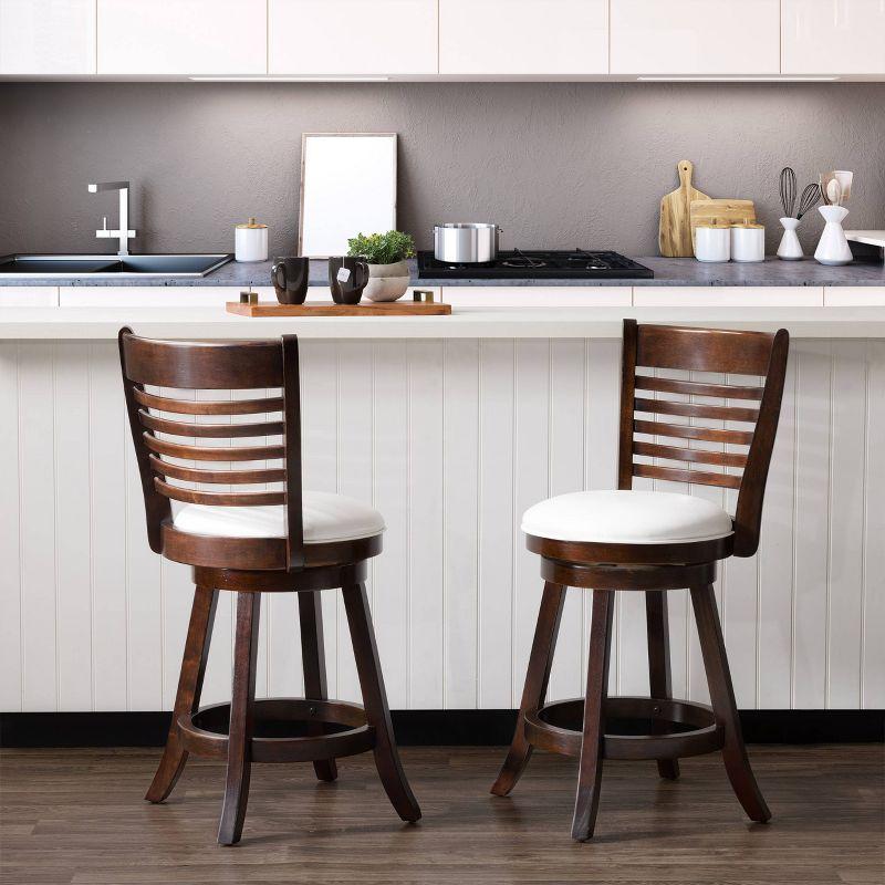 Set of 2 Woodgrove Counter Height Barstools with Slat Backrest Dark Cappuccino White - CorLiving: Faux Leather, Swivels, Rubberwood Legs