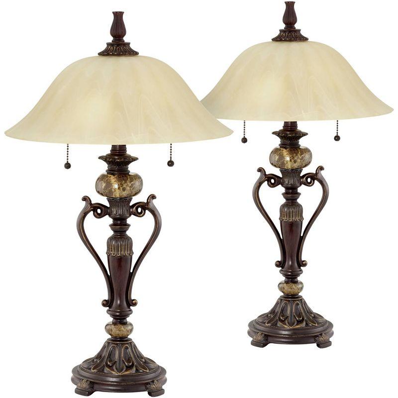 Bronze Alabaster Glass Shade Traditional Table Lamp Set