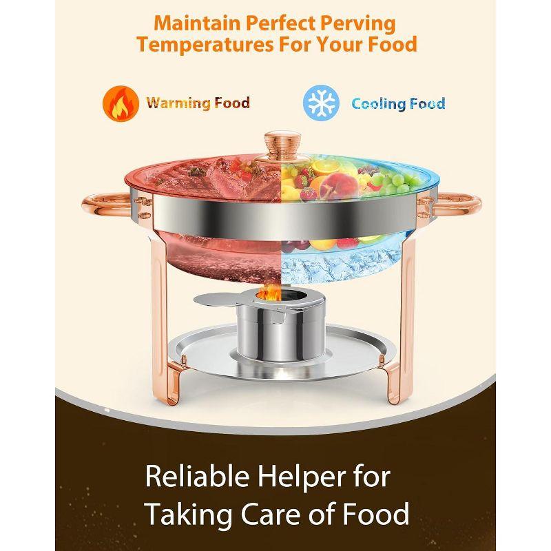 5QT round chafing dish buffet set (2-pack) in Rose Gold, NSF-certified stainless steel with lid, spoon, and tweezer, ideal for catering and events.