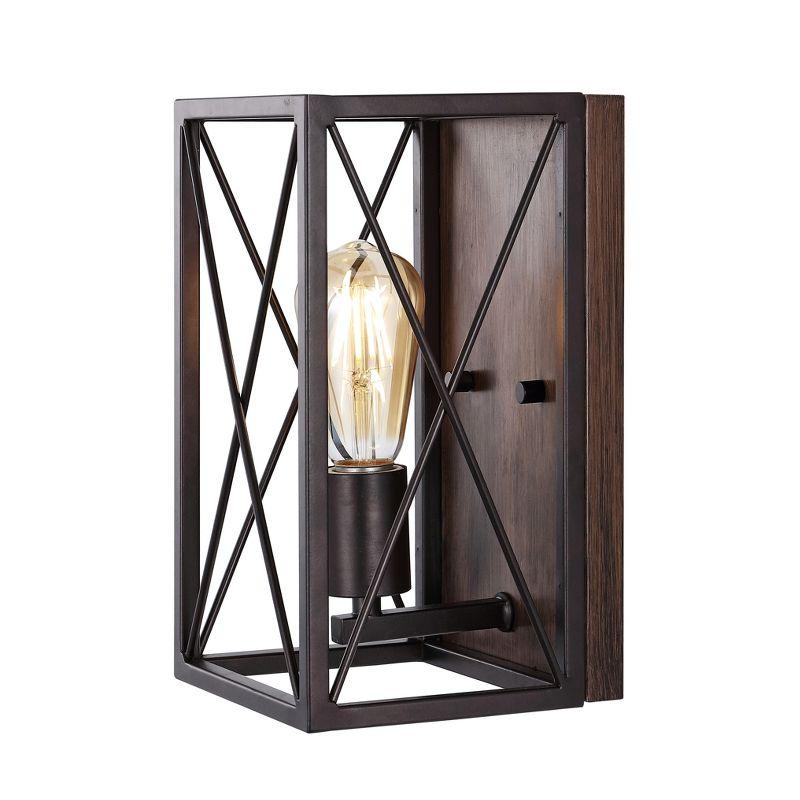JONATHAN Y Norris X-Frame 6" 1-Light Farmhouse Rustic Iron LED Sconce, Oil Rubbed Bronze/Wood Finish