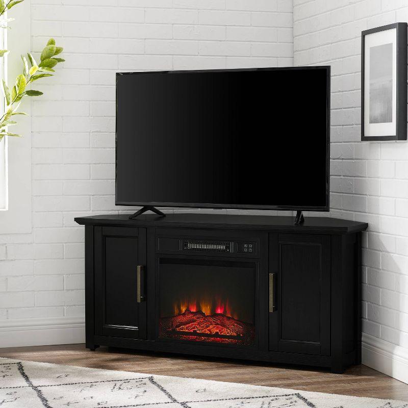Crosley Camden Corner TV Stand for TVs up to 50" with Fireplace Black : Mid-Century Modern, Adjustable Shelves, Cable Management