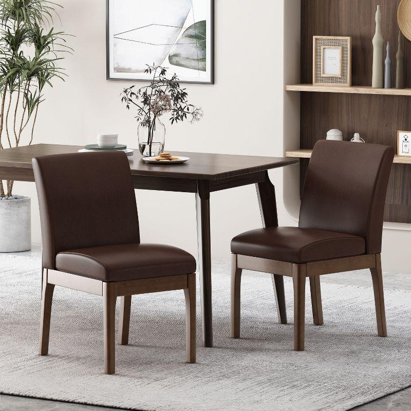 Dark Brown Faux Leather and Walnut Upholstered Side Chairs, Set of 2