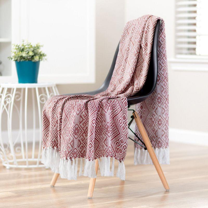 Rust Diamond Pattern Cotton Throw Blanket with Tassels