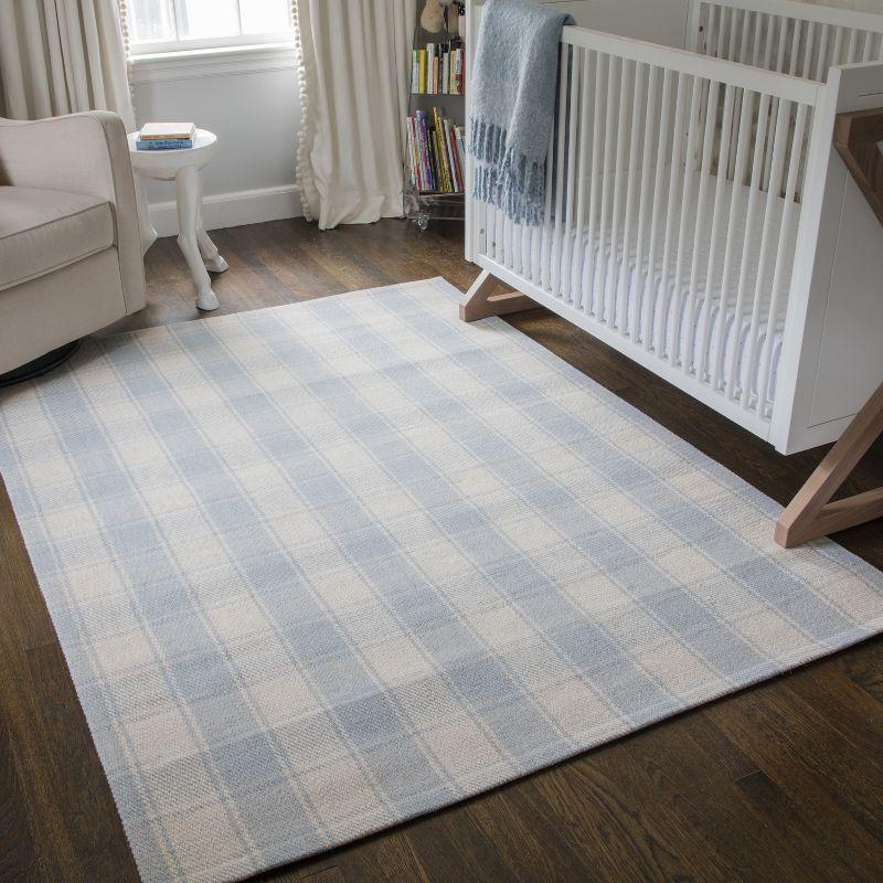 Plaid Hand-Woven Flatweave Wool Light Blue Area Rug