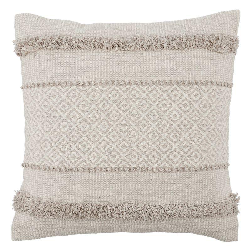 18" Square Light Gray and Ivory Embroidered Cotton Throw Pillow