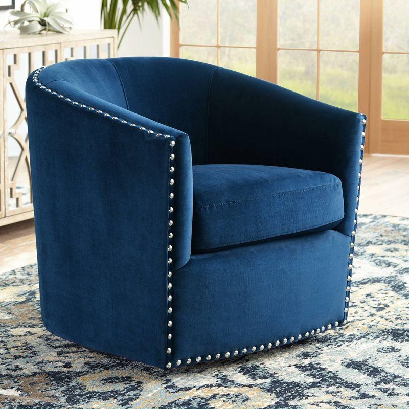 Navy Blue Fabric Swivel Barrel Chair with Silver Nailhead Trim