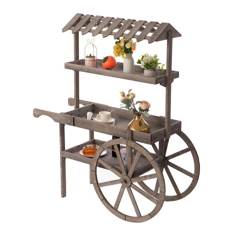 Antique Rustic Gray Solid Wood 3-Tier Plant Stand Cart with Wheels