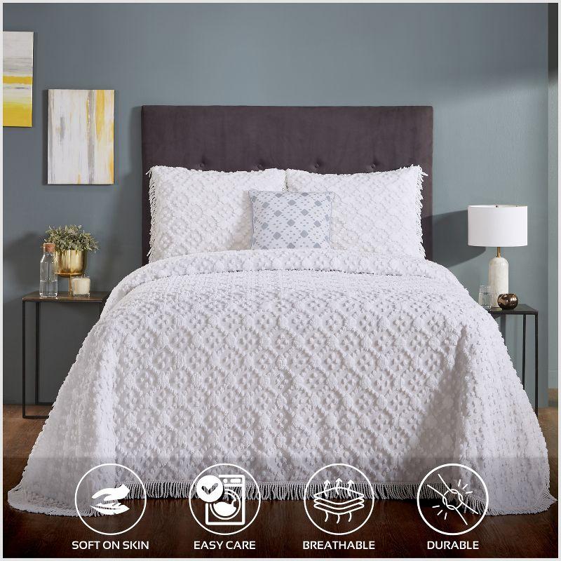Better Trends Charleston Collection 100% Cotton Bedding sets, Machine Washable Soft and Breathable 4-piece Chenille Bedspread & Sham with Geometric Embroidery, All season